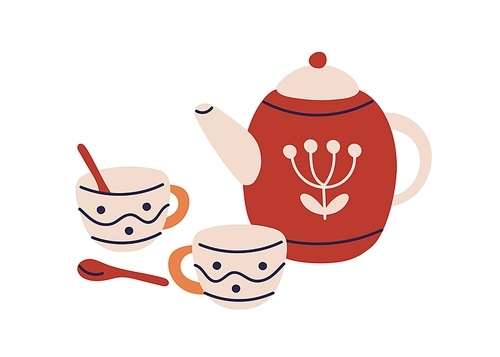 Ceramic tea cups and pot. Porcelain teapot and teacups pair, spoons. Retro-styled pottery for hot drink, teatime. Flat vector illustration isolated on white background.