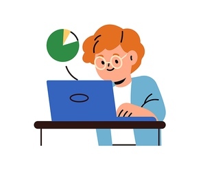 Boy student learning at laptop, data analysis, coding. School child at computer, studying programming, information technology. Online education. Flat vector illustration isolated on white background.