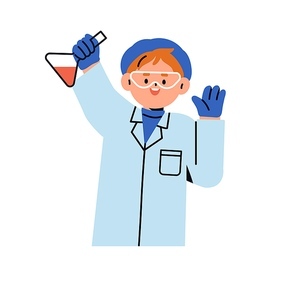 Boy in chemistry laboratory for chemical experiment. Cute curious child student in lab coat with flask. Happy school kid studying, learning. Flat vector illustration isolated on white background.