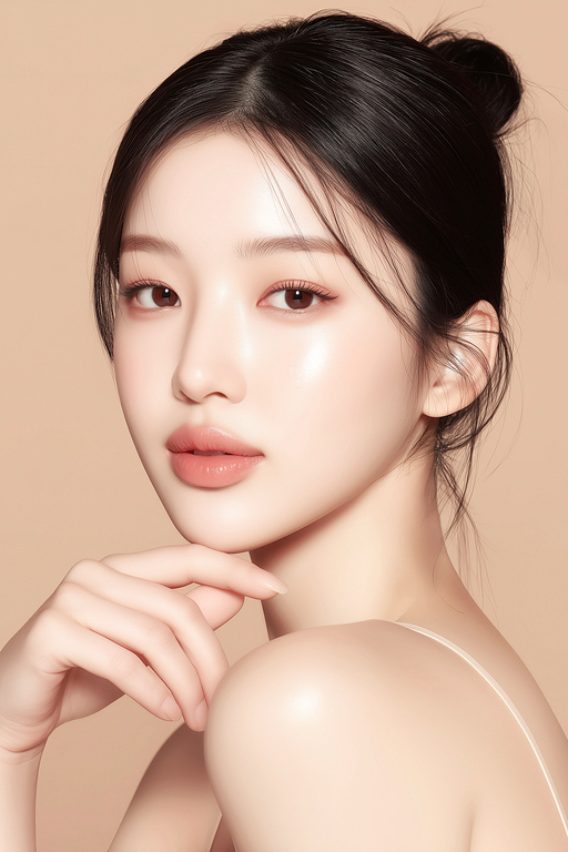 턱에 손을 올리고 카메라를 응시하는 여성의 뷰티 클로즈업