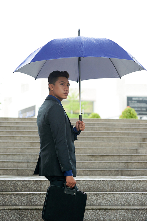 Portrait of confident Asian businessman looking back at camera standing under umbrella outdoors against stone stairs