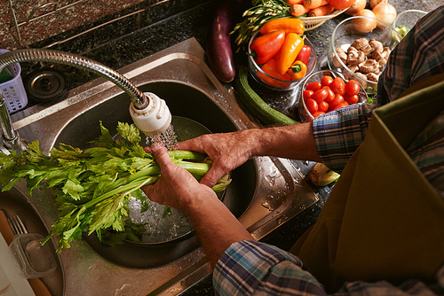 Hands of man splashing celery with water from the tap