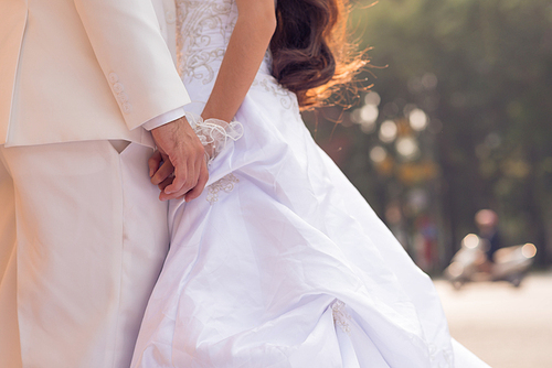Close-up shot of unrecognizable newlyweds holding hands while posing for photography outdoors, blurred background