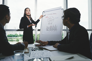 Attractive young white collar worker analyzing results of accomplished work while having meeting with colleagues in modern boardroom