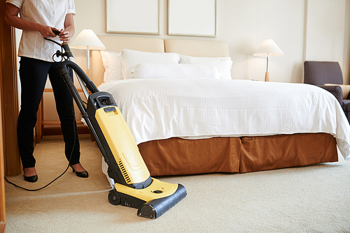 Cropped image of maid cleaning carpet in hotel room