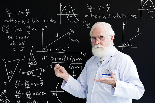 Waist-up portrait of elderly professor of mathematics with bushy beard standing at blackboard and explaining learning material to students