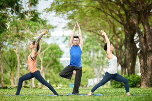 Asian people enjoying yoga practice in city park