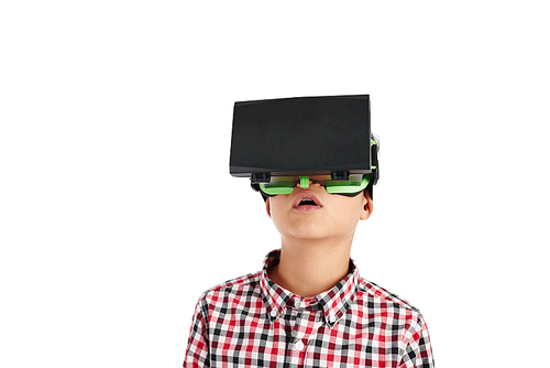 Boy in headset experiencing virtual reality, isolated on white