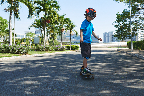 Enthusiastic little boy in bright helmet and knee pads riding skateboard in lovely sunny park with palm trees