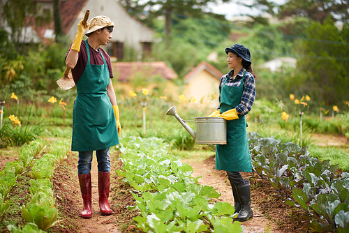 Young Asian workers wearing gumboots and aprons chatting with each other while taking short break from exhausting work at vegetable garden, blurred background