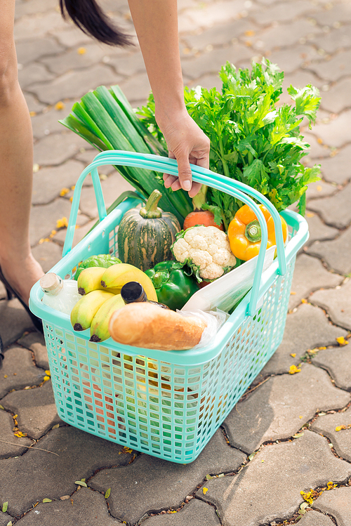 Hand of woman with big basket of fresh vegetables and fruits