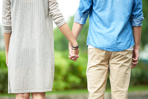 Back view portrait of young loving couple holding hands outdoors, on date in park