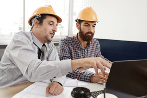 Architect using laptop to show his work to engineer at meeting