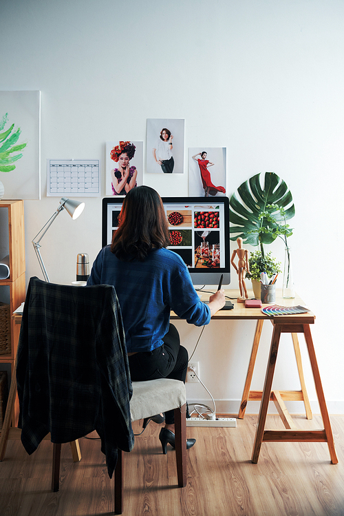 Creative woman working on website interface in her home office, view from the back