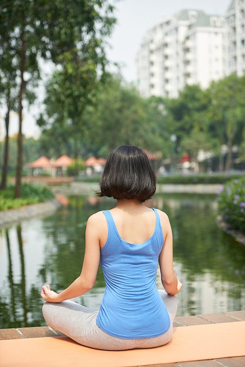 Rear view of young woman meditating by pond in park