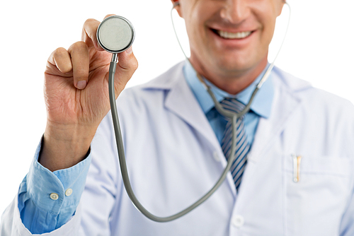 Cropped image of smiling doctor with medical stethoscope