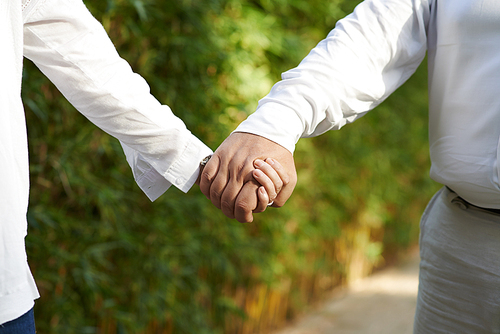 Cropped image of aged couple holding hands when walking outdoors