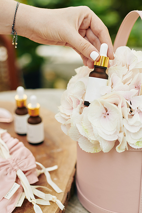 Hand of woman taking bottle of essential oil or emulsion from basket of fresh flowers