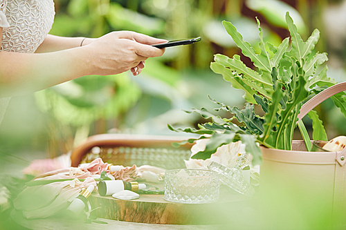 Hands of woman photographing cosmetics she is making for saling in online store