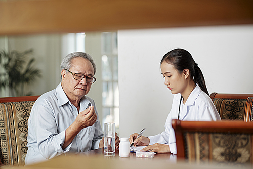 Asian female doctor sitting at the table and prescribing a medicine for treatment to her senior patient while he sitting opposite her and drinking pill