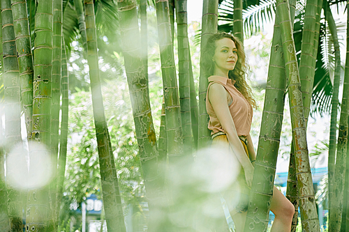 Beautiful young woman with curly hair posing in bamboo forest in sunny day