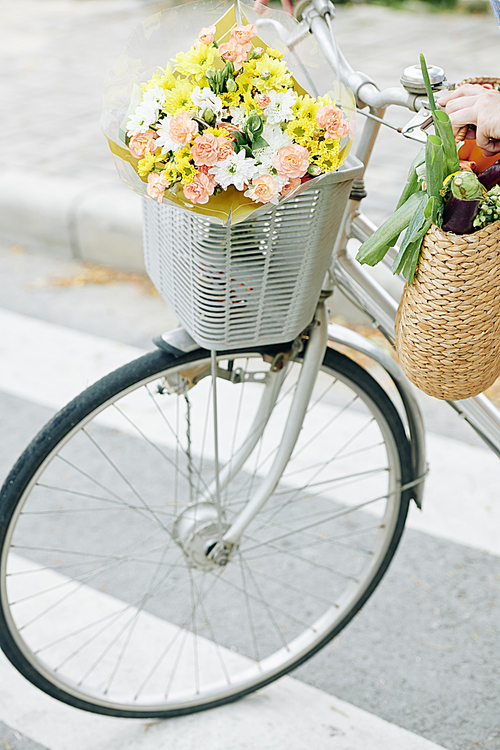 Cropped image of woman crossing road with bicycle. Beautiful bouquet in bike basket