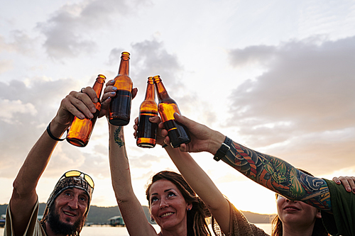 Cheerful friends toasting and clinking beer bottles when having party on he beach
