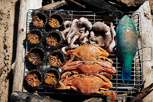 Grill with seadfood like crabs, octopuses, sea urchins and fish, view from above
