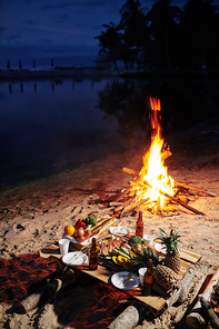 Bonfire and small handmade dinner table with fresh fruits, cooked seafood and meet and beer on the beach