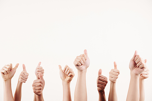 Close-up of people gesturing thumbs up and showing success isolated on white