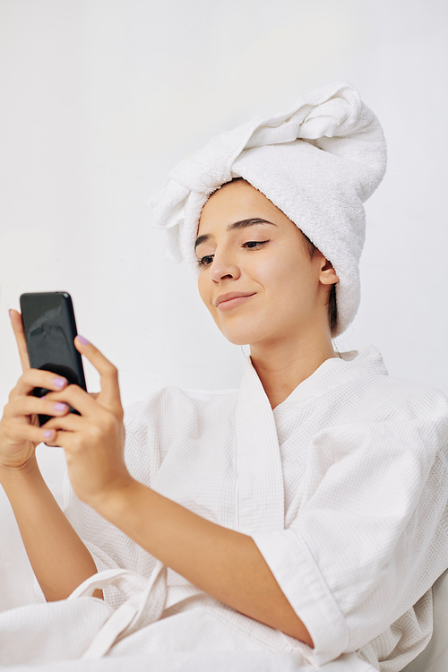 유토이미지 Beautiful Young Woman In Bath Robe And Towel On Her Head Taking