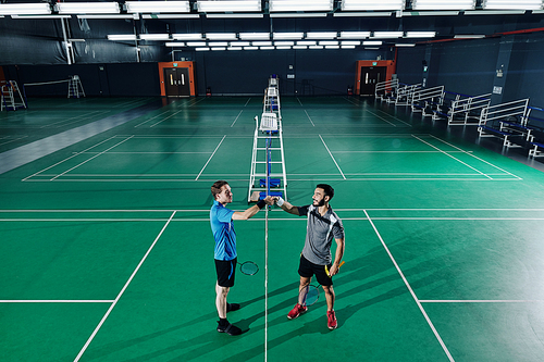 Positive professional badminton players shaking hands after calling let