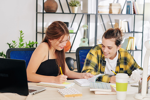 Smiling teenagers checking students book when doing homework at home, writing essays or solving equations