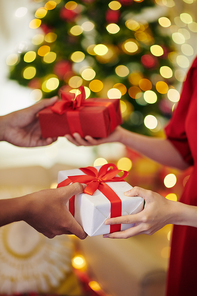 Cropped image of people exchanging wrapped Christmas gifts when standing at decorated tree