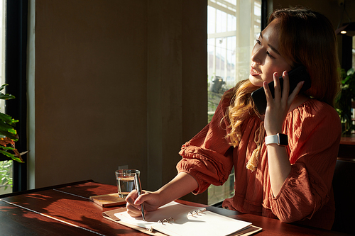 Young businesswoman talking on phone and taking notes in planner