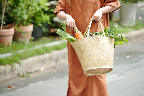 Cropped image of woman in linen dress putting big carrot in bag of fresh groceries like greens and celery