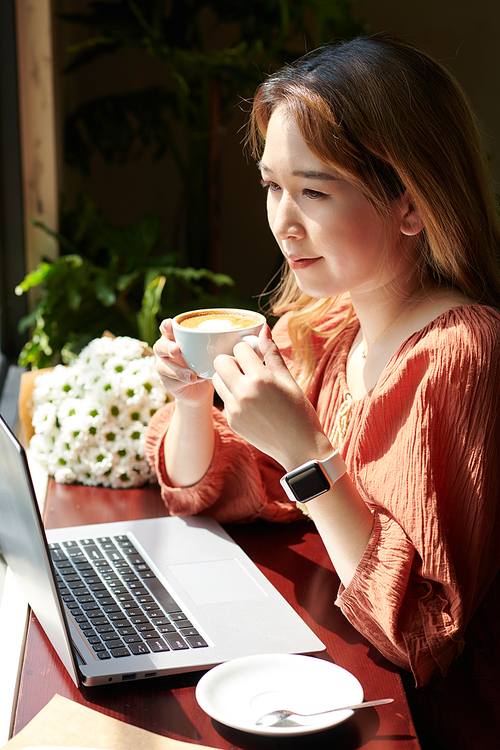 Portrait of young woman enjoying cup of morning coffee and reading news in laptop screen when sitting at coffeeshop table