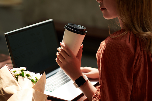 Young female freelancer drinking cup of takeout coffee and working on laptop