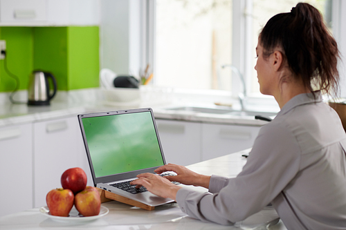 Young modern female creative designer or programmer typing on keypad of laptop with blank green screen while sitting by workplace