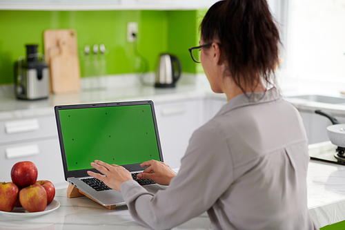 Young brunette female freelancer sitting in front of laptop with blank green screen and typing while using new mobile application