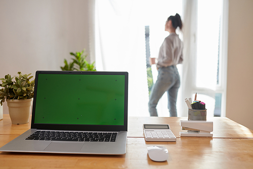 Laptop with blank green screen standing on workplace of software developer against young woman in home environment
