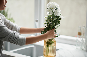 Cropped image of woman putting cut flowers in glass vase with fresh water