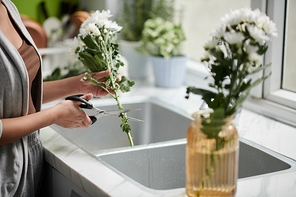 Woman shortening flower stem above kitchen sink