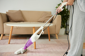 Cropped image of woman vacuum cleaning carpet in living room