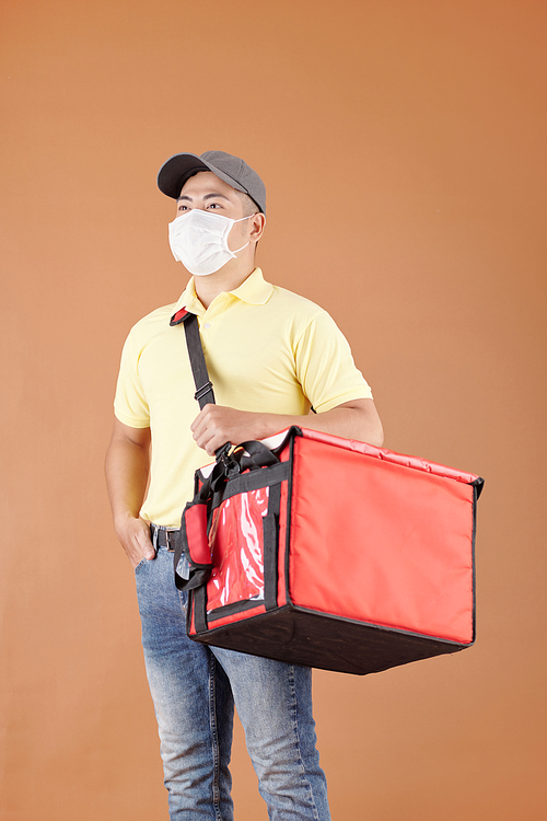 Portrait of delivery man in protective mask holding insulated bag