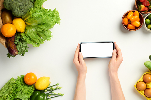 Hands of person using mobile application to find vegan dish recipe