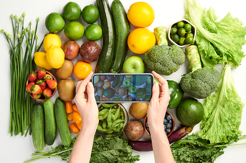Hands of person taking photo of fresh organic fruits and vegetables on table