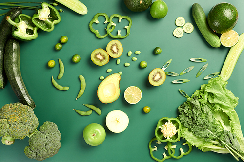 Collection of various green vegetables and fruits, top view