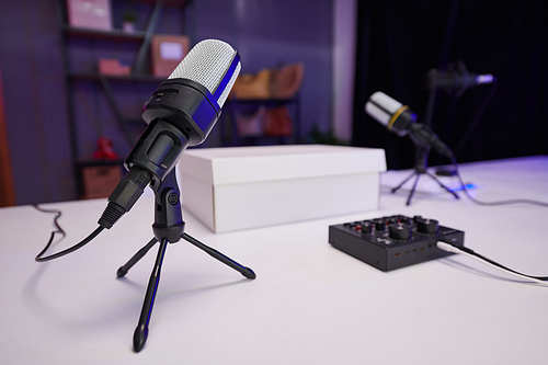 Recording equipment on table in filming studio of blogger