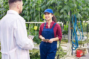 Portrait of cheerful female worker talking to supervisor on vegetable farm with cucumber plants in background, copy space